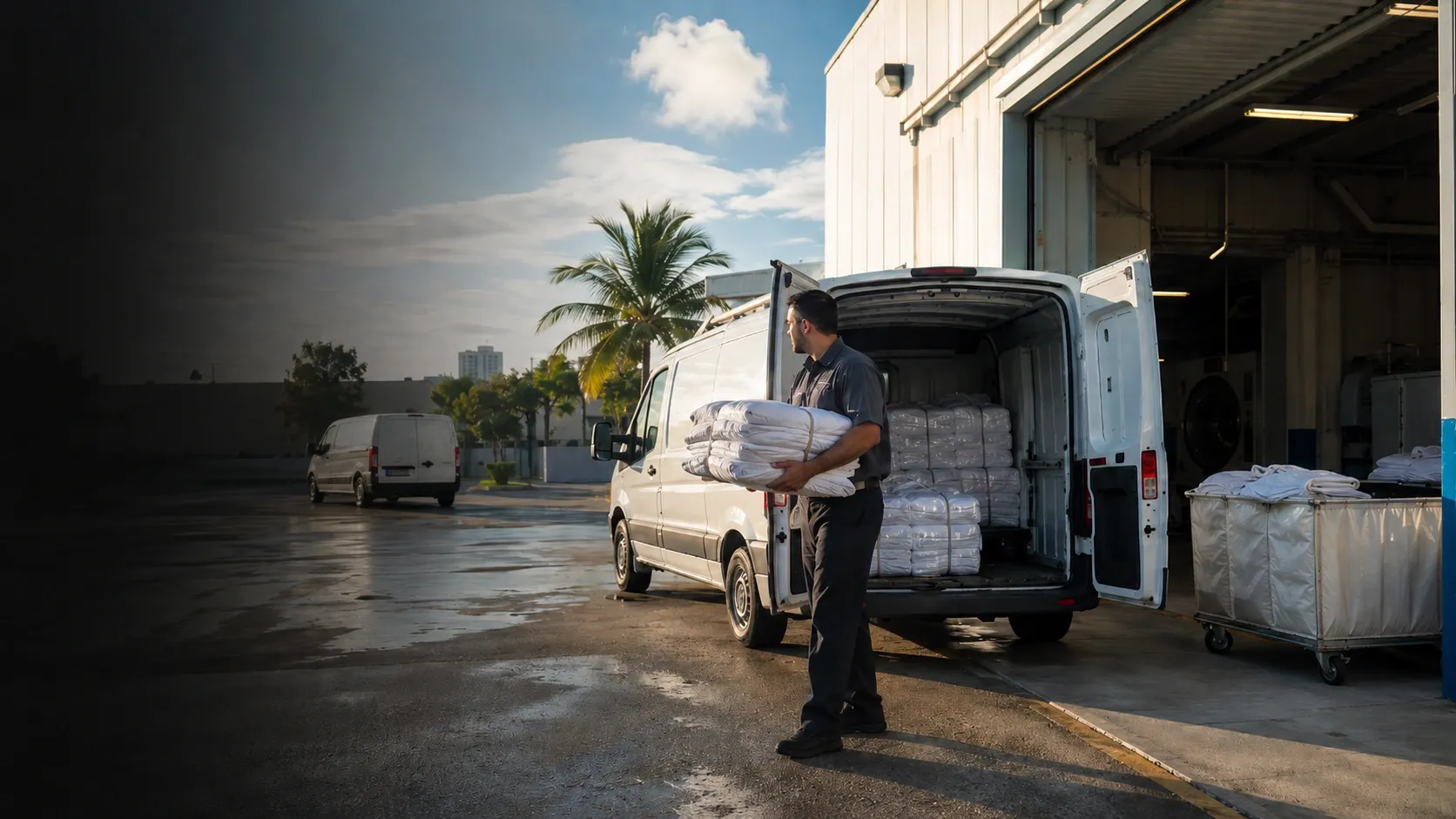 Cadillac driver loading freshly laundered linens into a delivery van outside the Bayamón facility