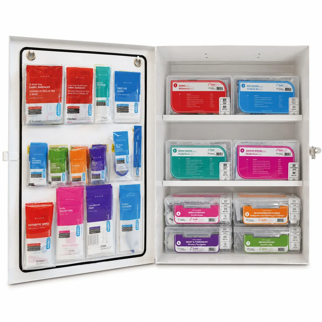 Color-coded first aid cabinet with labeled injury-specific module drawers