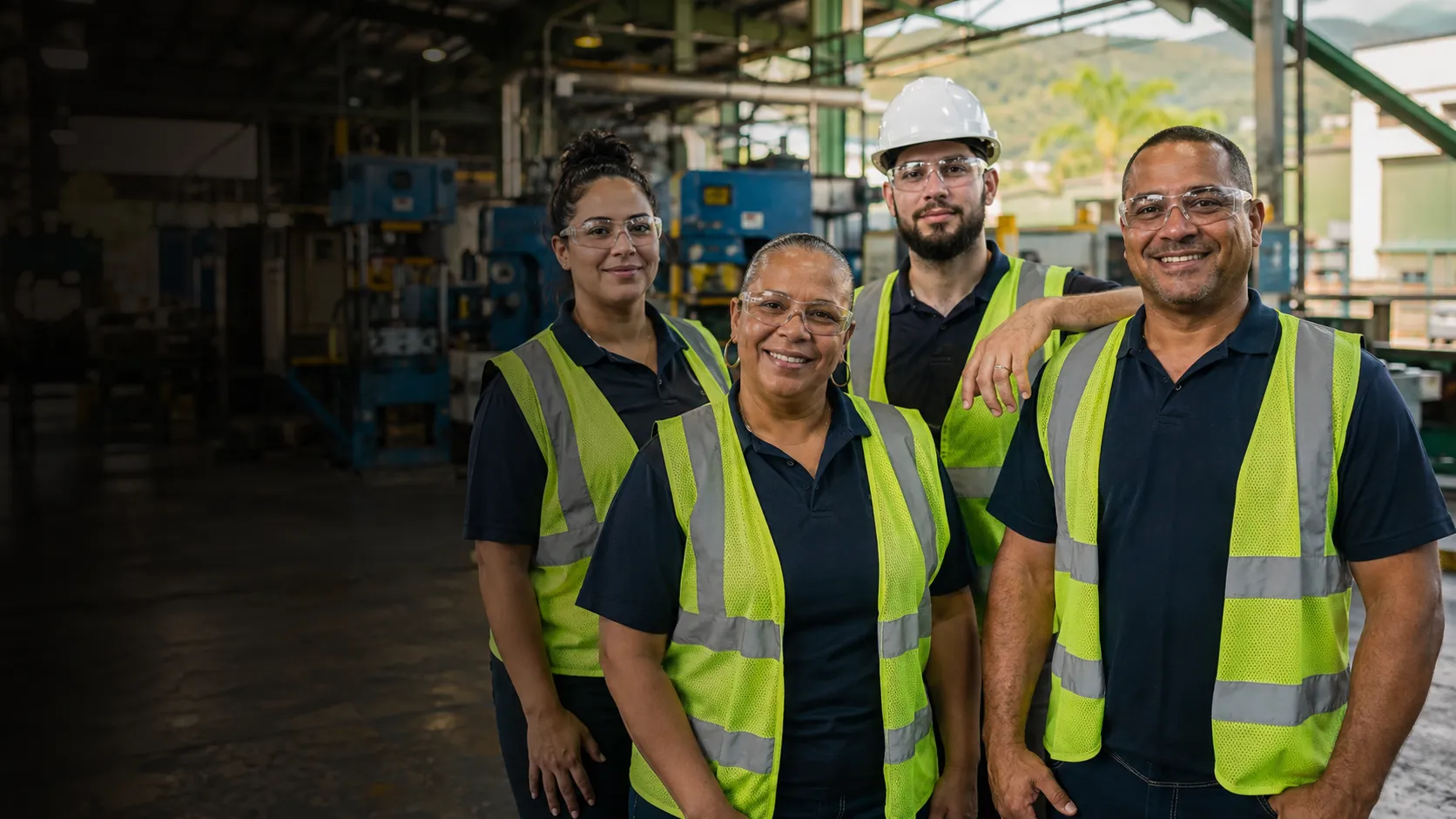 Industrial workers in matching navy uniforms
